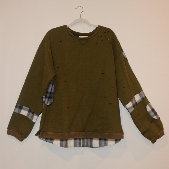 [Size L] EPTM Butcher Crewneck Acid Olive Distressed Plaid Pullover Sweatshirt - Picture 2 of 7